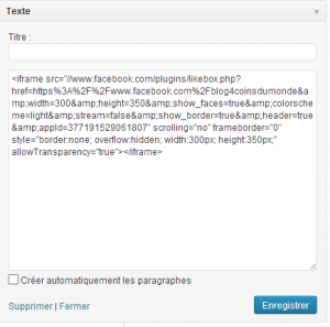 Widget Texte WordPress pour intégrer Facebook